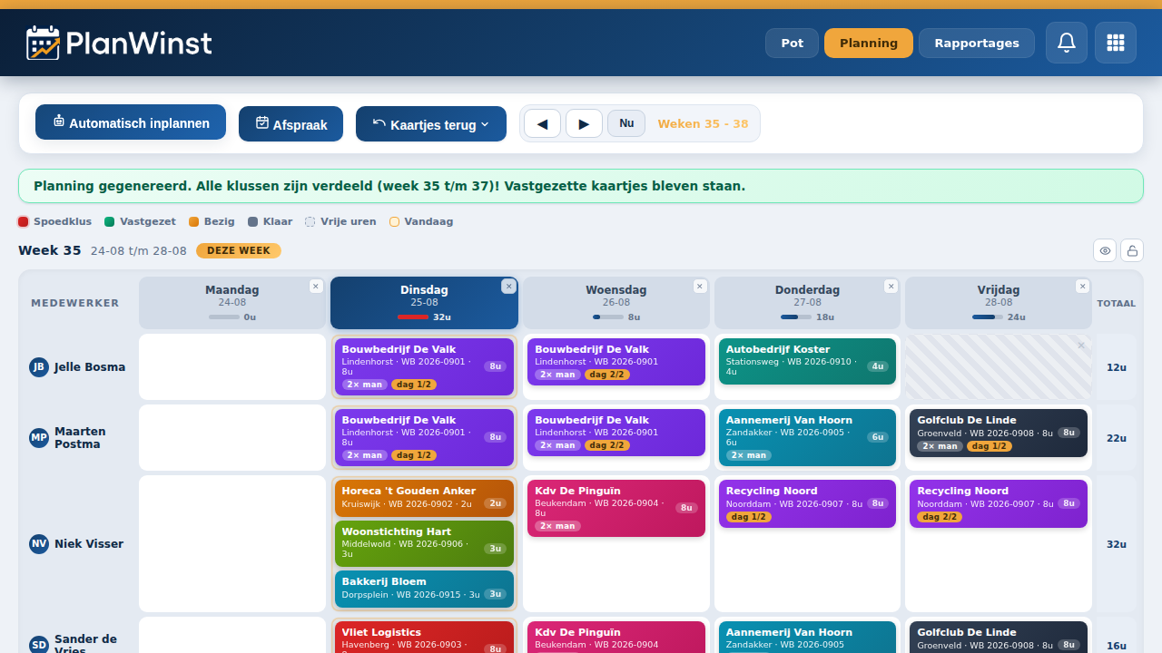 PlanWinst planbord — je week automatisch verdeeld